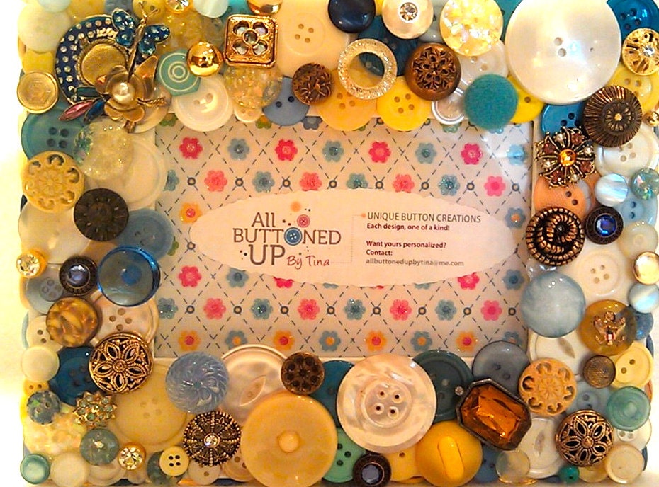 Summer Bonnet Themed Button Picture Frame in White, Yellow and Blue for 4"x6" photo
