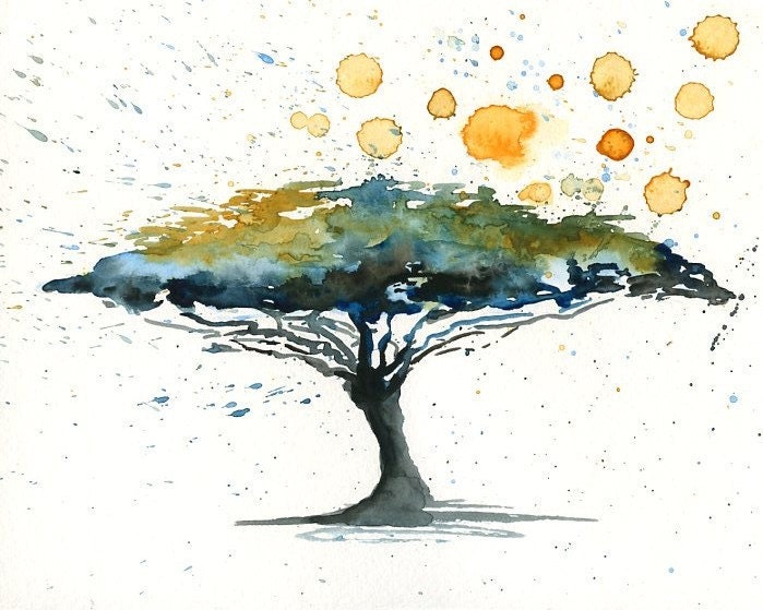 Umbrella thorn Landscape painting-Watercolor-Orange autumnal forest-Archival Large Print from my original watercolor painting 11x14 inch