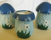 Kitschy Kitchen - Blue Mushroom Salt & Pepper Shakers and ToothPick Holder set