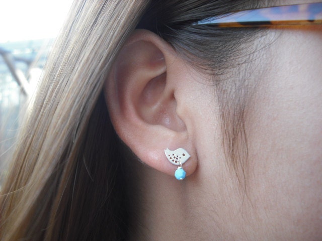 Birthstone, tiny love birds post earrings - sterling silver post, bridesmaids gift, wedding gift