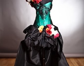 Custom Size Green and black lace burlesque prom dress with bustled train head piece and arm piece roses Day of the Dead costume
