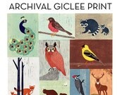 11 x 14 Size Poster Illustration Linocut Reproduction Fine Art Giclee Archival Print, Animals, Birds, Colorful