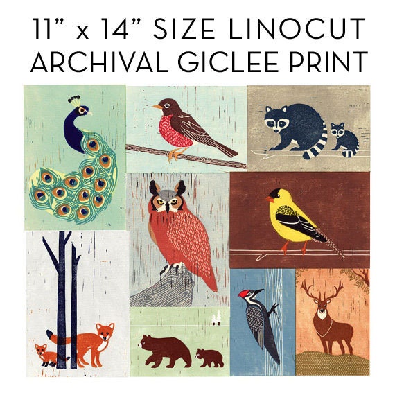 11 x 14 Size Poster Illustration Linocut Reproduction Fine Art Giclee Archival Print, Animals, Birds, Colorful