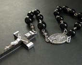 Pocket Rosary. Classic Black Single Decade Rosary Beaded in Silver. Mens Rosary. Unisex Rosary. Handmade Rosaries.