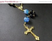 SUMMER SALE - Single Decade Pocket Rosary, Blue Glass Marbles, Gold. Handmade Artisan Jewelry by Gilliauna