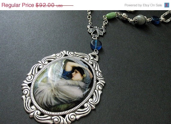 SUMMER SALE - Art Nouveau Waterhouse Beaded Necklace in Teal Blue and Silver. Handmade Necklace.