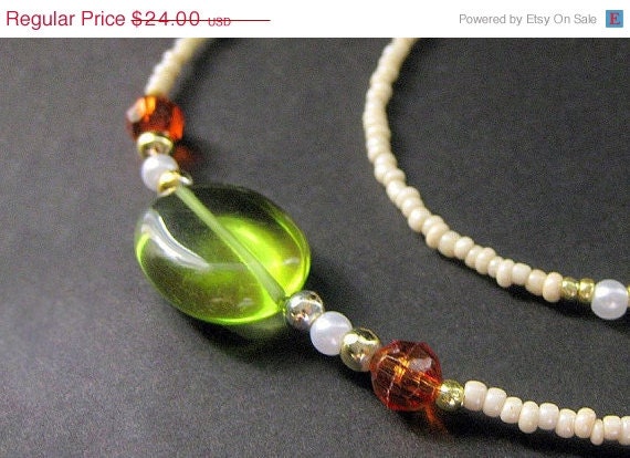 SUMMER SALE - Seasons Change Beaded Lanyard Id Badge Holder in Autumn Amber and Green.  Handmade Lanyards by Gilliauna