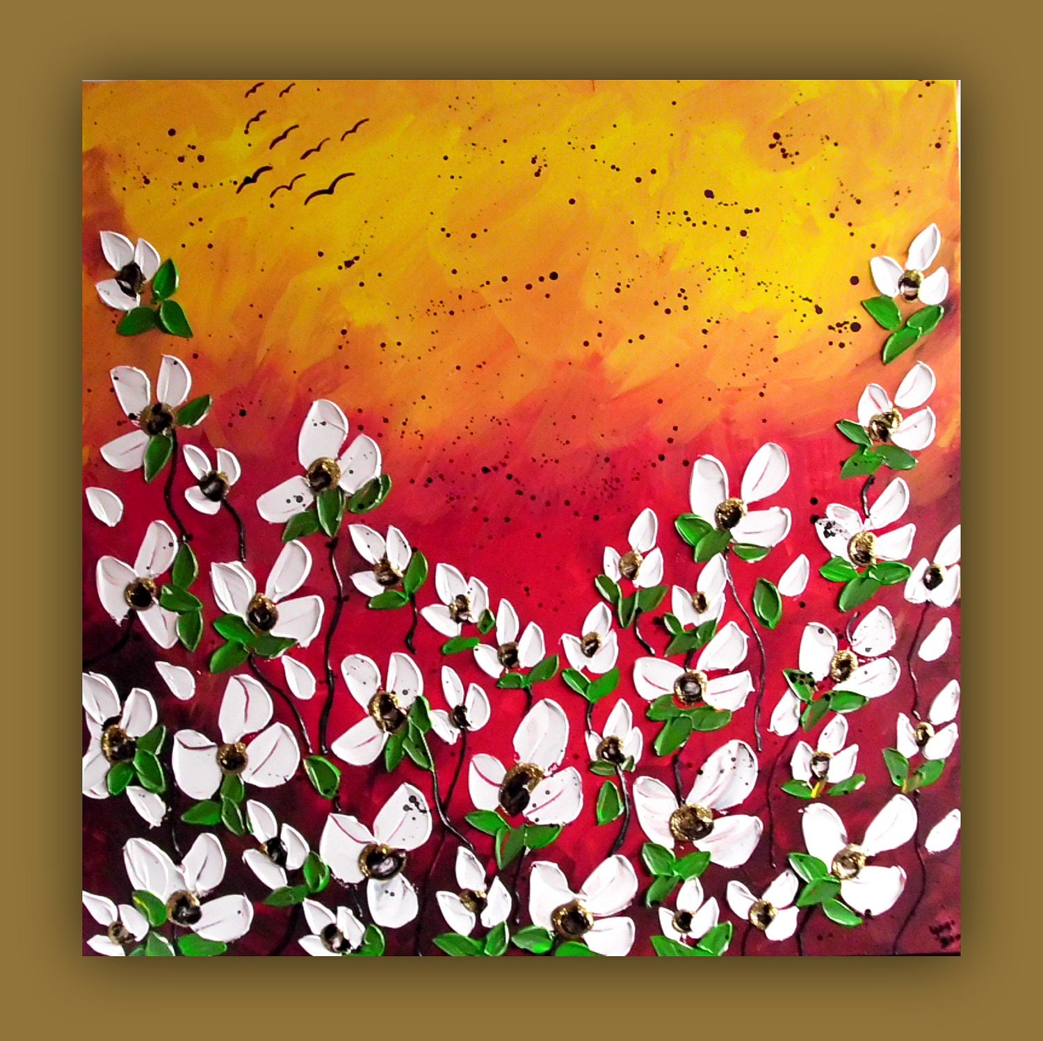 Textured White Flower Field Painting, 24x24, Red and Yellow,  Flower Painting, Ready to Hang, Ready to Ship