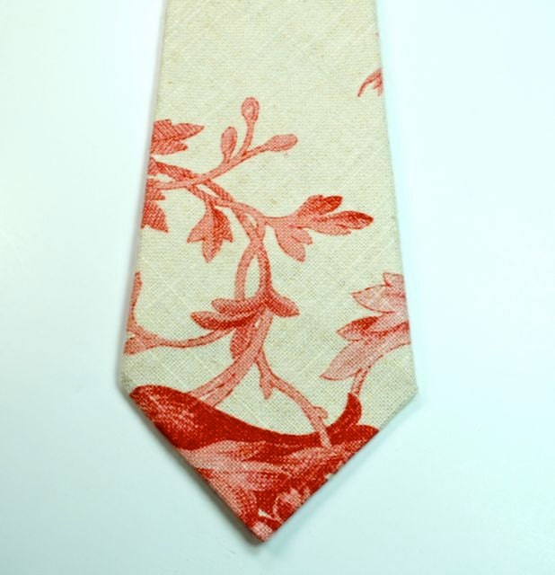 Cream and Red Linen Mens Necktie, - Wedding Neckties  Cotton Necktie, Custom Neckties, Groomsmen Neckties, Red and Cream Neckties