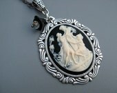 Victorian Cameo Necklace - Nymphs at the Altar of Zeus Cameo  - Steampunk Era - Glass flower charm