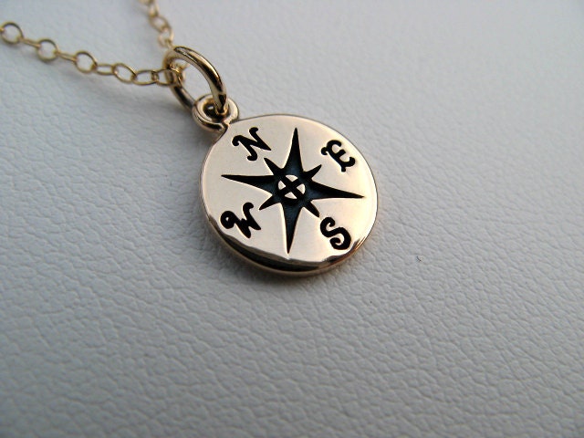 Sale - Golden Compass - Bronze Compass Pendant and Gold Filled Chain - Compass Necklace