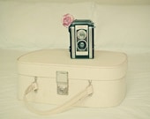 Vintage camera photograph - Suitcase, flower, pink rose, pastel colours, for her, home decor - Travels With my Camera 8x8" Print