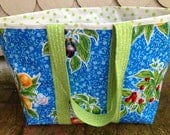 Retro large oilcloth tote bag with fruit on true blue