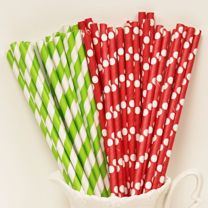 30 Lime Green Stripes and Solid Red White Dots Assorted Paper Straws with DIY printable Straw Flags, Christmas, Retro Vintage