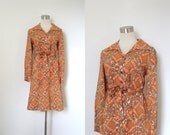 1970s Dress / 70s Paisley Print Orange Dress/ Shirtdress (M L)