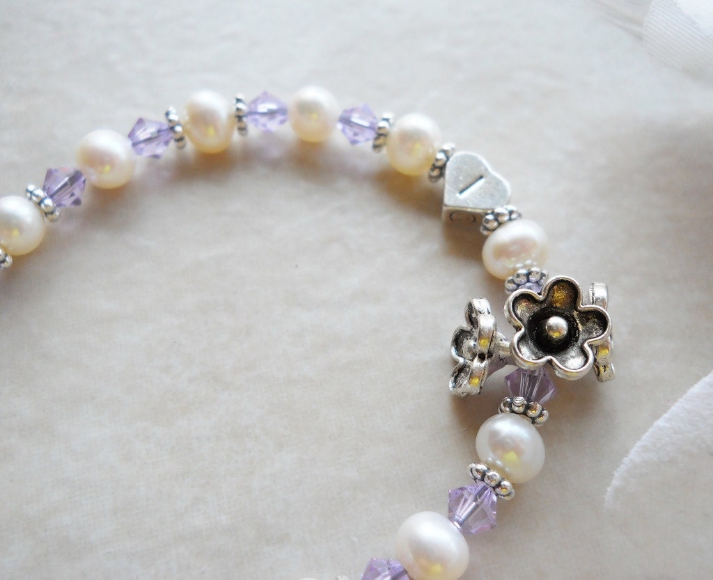 Sterling Heart Initial, Dainty Swarovski and Freshwater Pearl Baby Child Bracelet B145