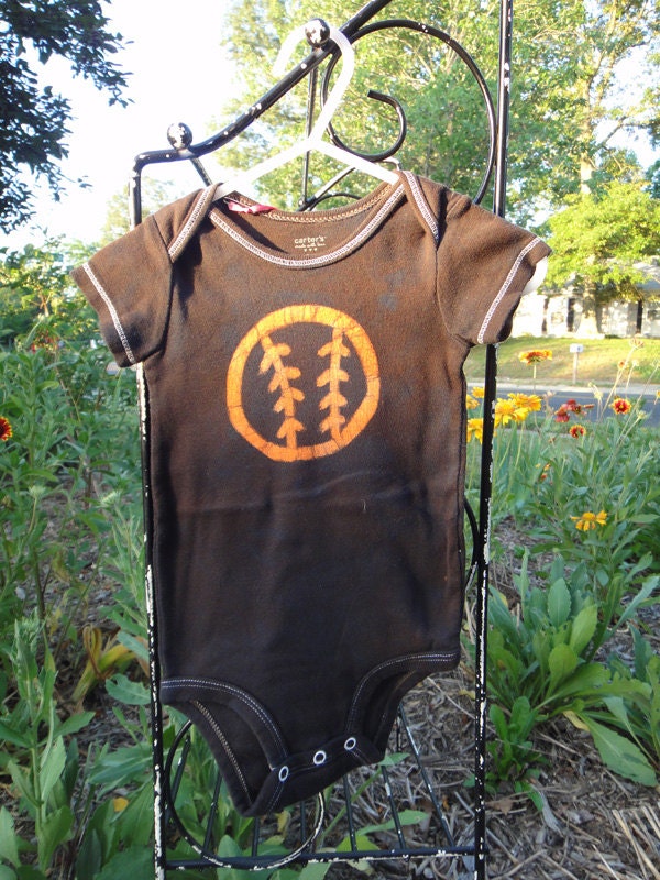 Baby Bodysuit: Black with Orange Batik Baseball, Short Sleeves (12 months) READY TO SHIP