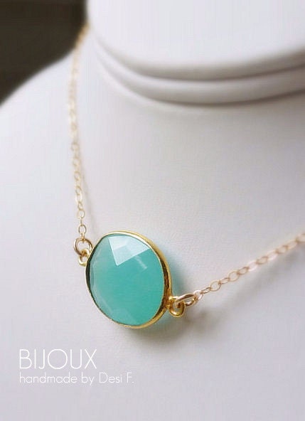 Aqua Blue Chalcedony Bezel Set Necklace - 14K Goldfilled