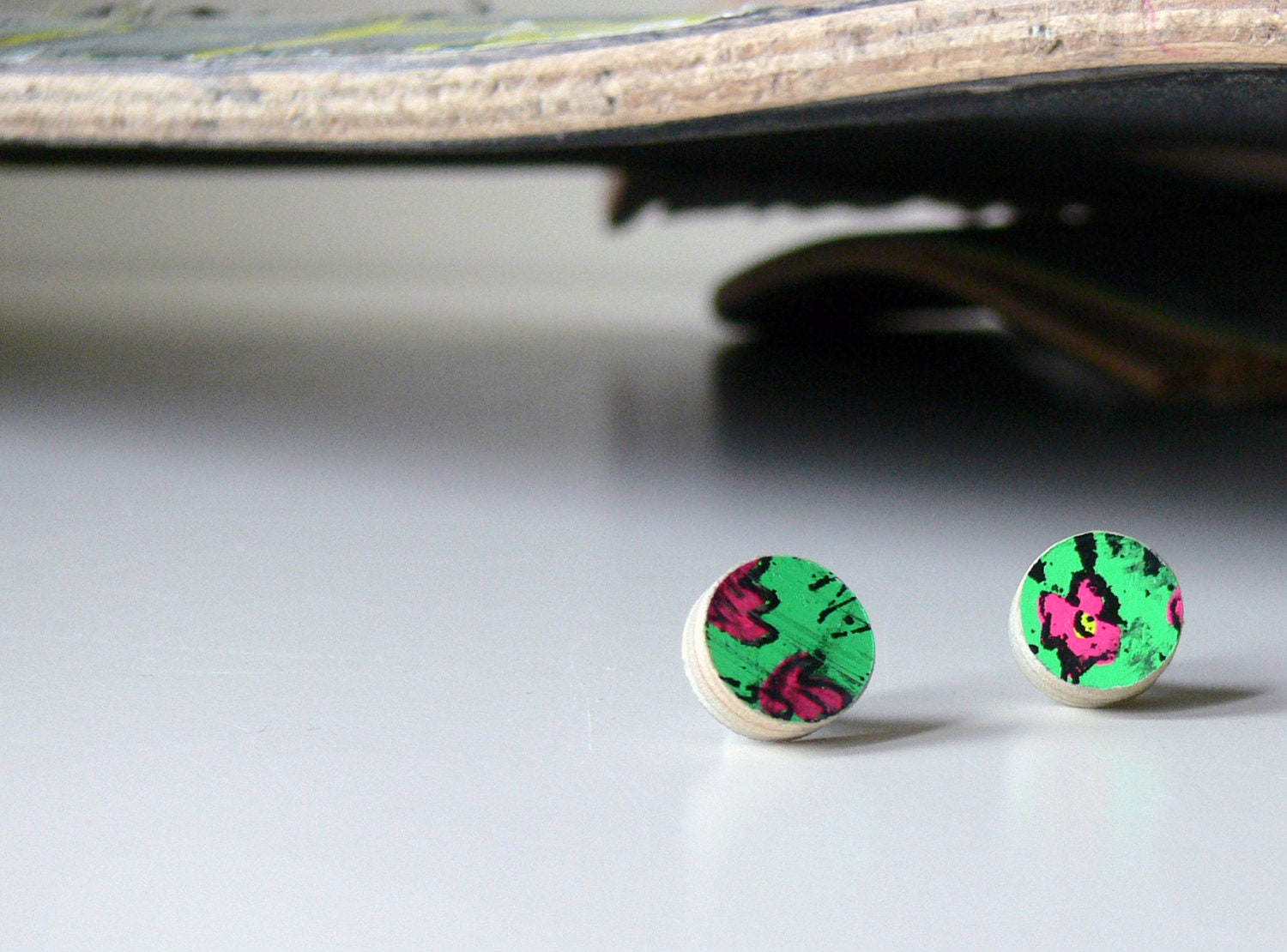 Small Wood Stud Post Earrings made from Recycled Skateboard Green with Pink Flowers
