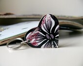 Heart Keychain Made From Recycled Skateboard Wood Shimmery Purple and White Flower
