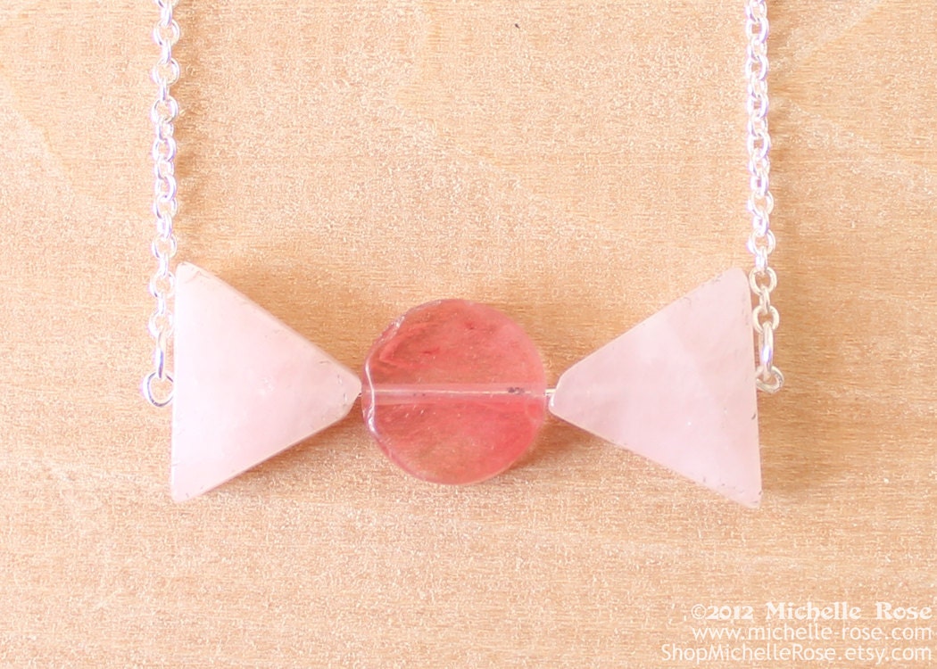 Stone Bow Necklace - Cherry Glass & Rose Quartz Candy Necklace - Geometric Gemstone Jewelry - Circle Triangle Necklace - 18" Silver Chain