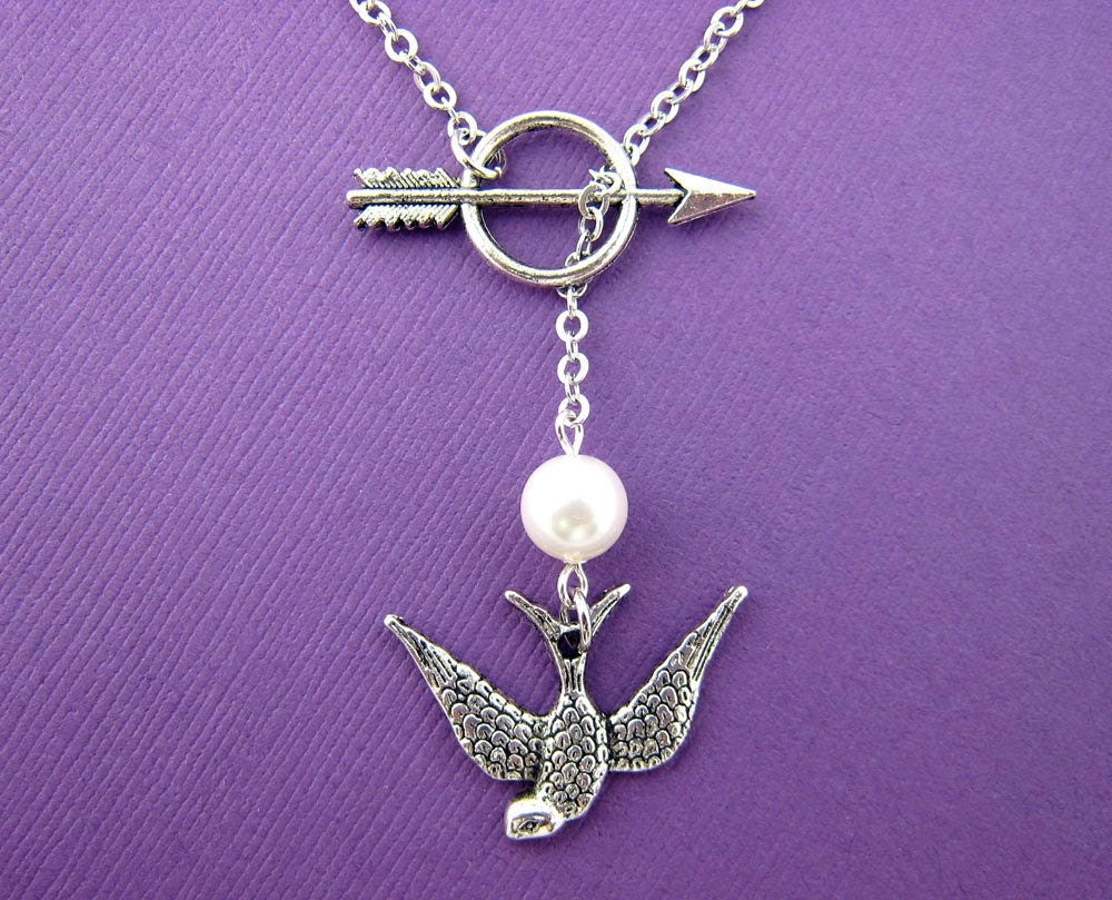 Hunger Games Necklace - Katniss Mockingjay Arrow Peeta Pearl Lariat Chain Silver (F531)