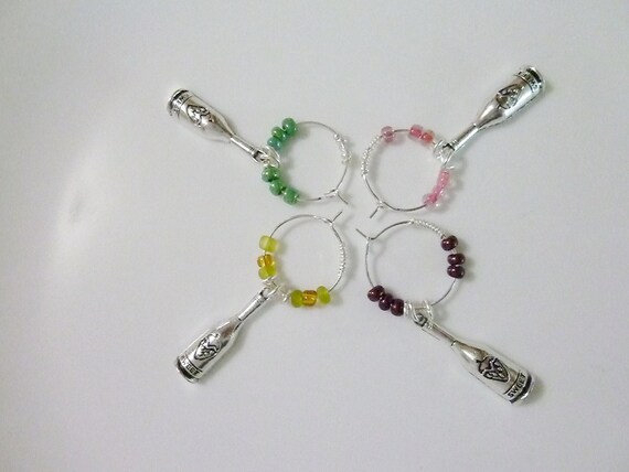 Set of 4 beaded Wine Bottle Charms in pink, maroon, yellow and green