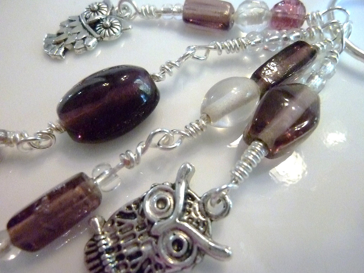 Long Metal Owl Dangle Keychain with Charms and glass purple beads