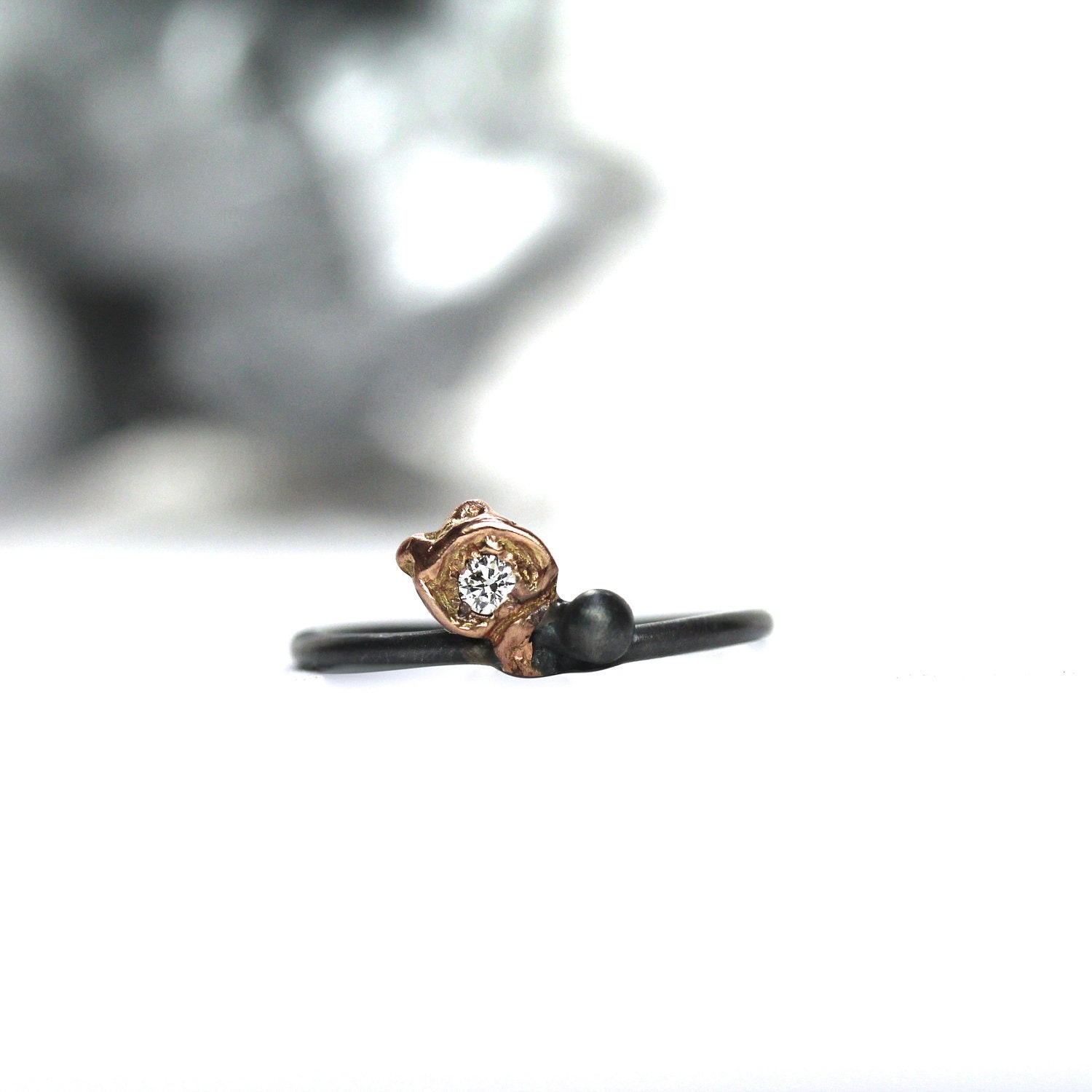 RESERVED FOR Zoë - Silver Rose Gold Diamond Rosebud Ring - Rosenknospe