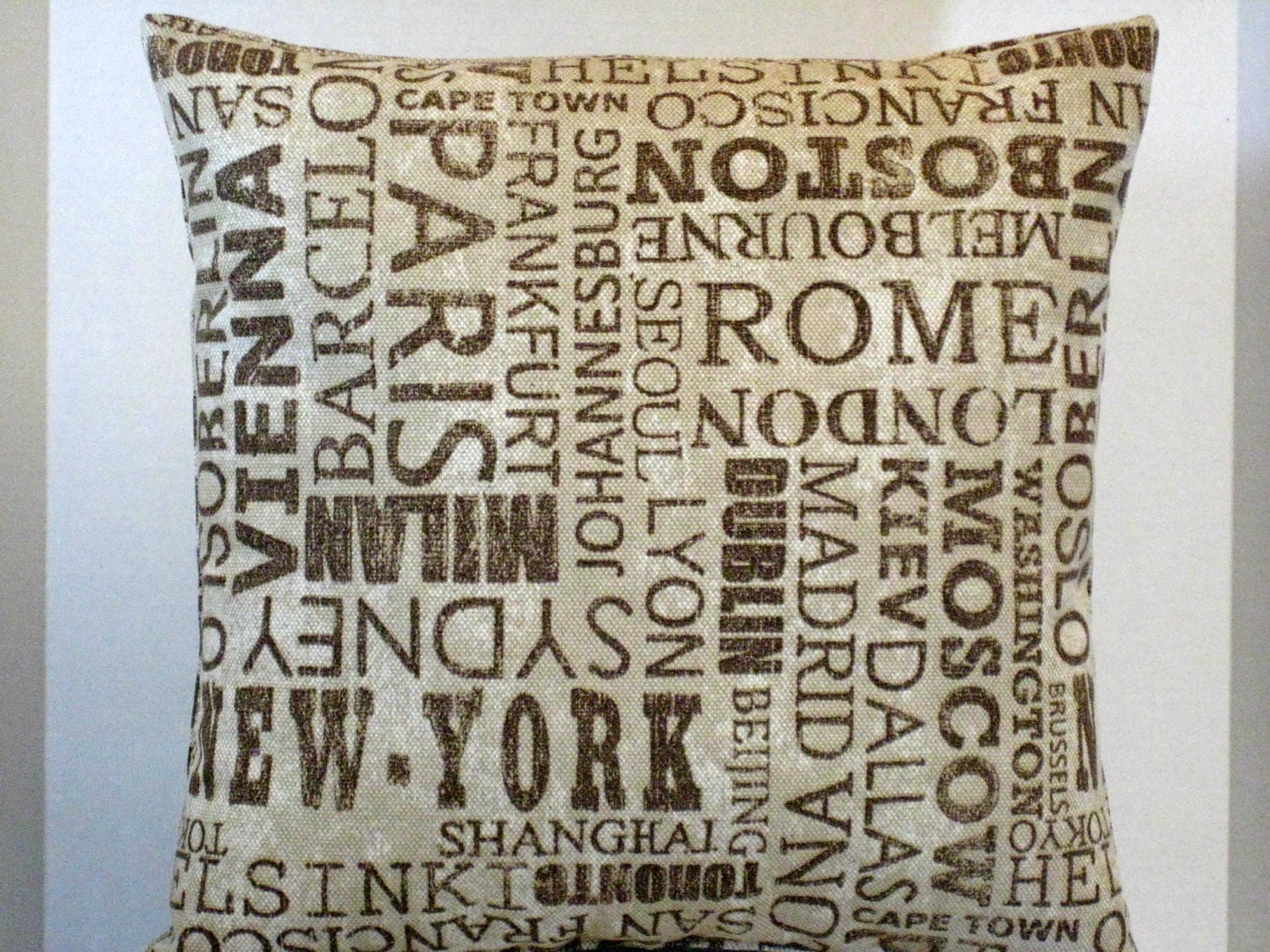 Pillow Destinations in Brown 16 Inches by 16 Inches, World Travels, Travel Destinations, Worldly Cities