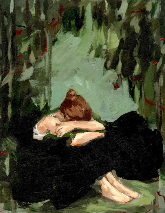 Forest Shadows . art print of acryilc painting with green and black