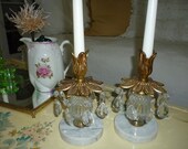 Beautiful Vintage Candle Holders Brass Marble Bases With Crystals Set Of Two Shabby Chic