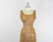 1960s Party Dress - Shimmering Gold Sequins Wiggle Party Frock - Cocktail Party Dress