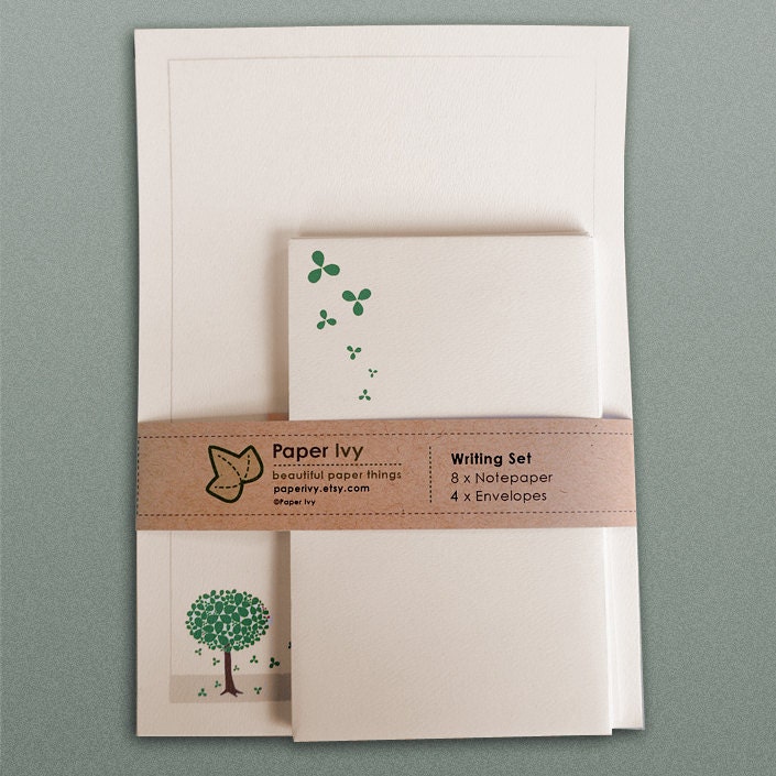 Stationery Writing Set - Green Blossom Tree on Cream Paper
