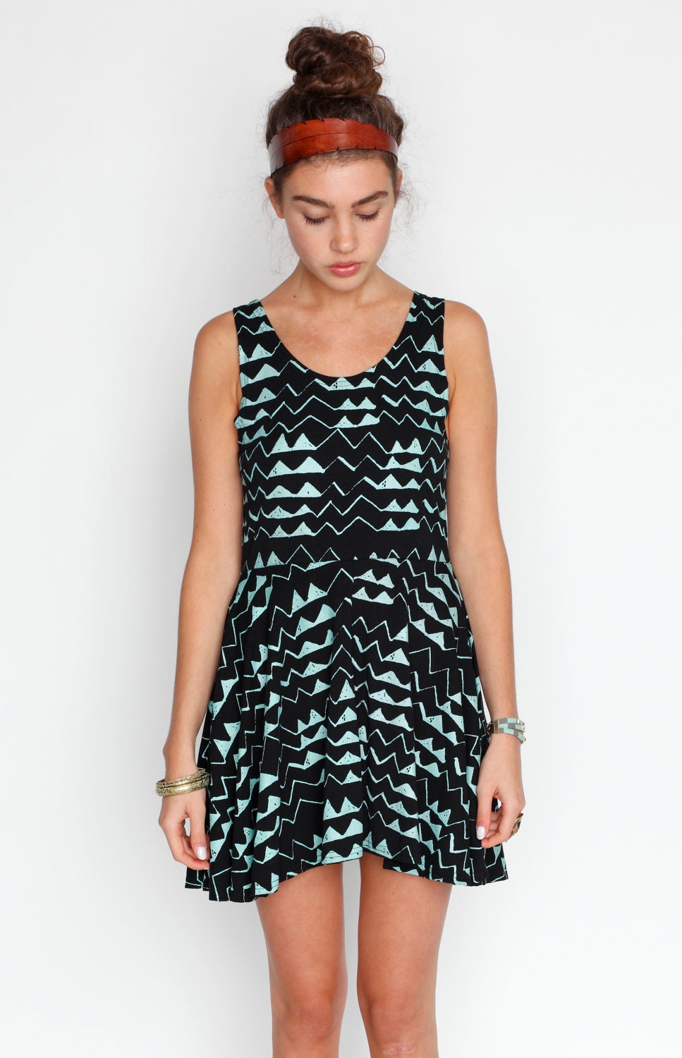 Hand Printed 'Mountain' Print Twirling Dress in Mint on Black