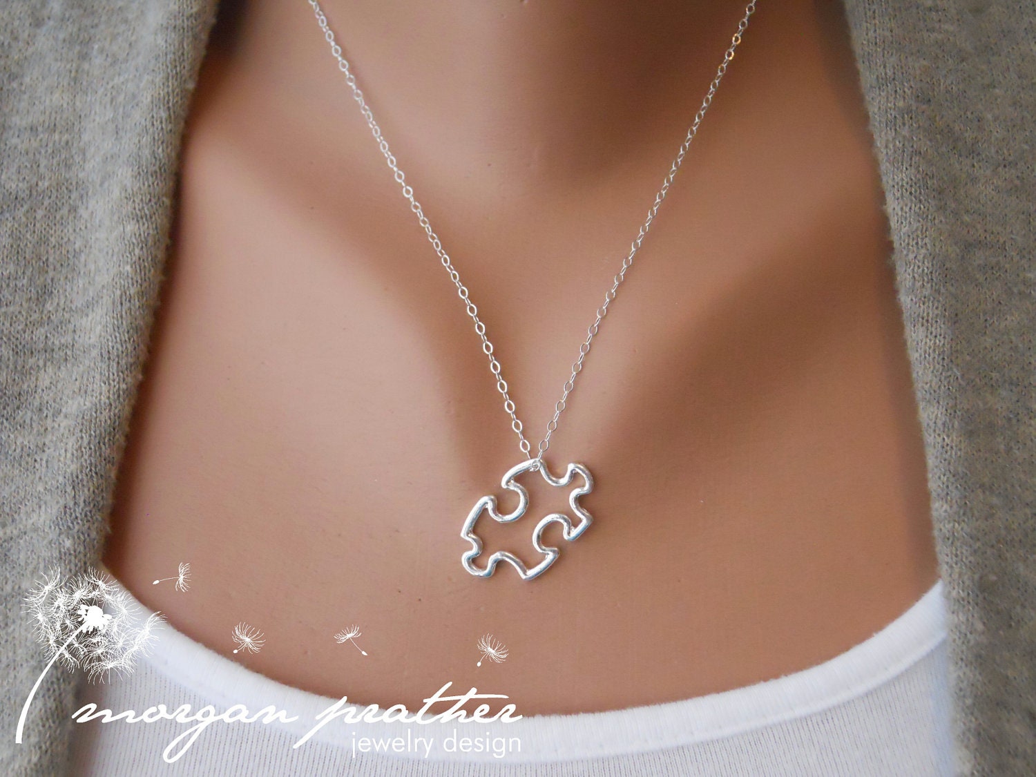 Puzzle Piece Necklace - Autism Awareness Puzzle Charm - Sterling Silver Fine Chain - morganprather