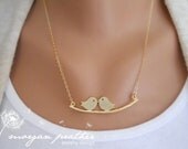 Love Birds on Branch Necklace in Gold - dainty love friendship pendant charm - Gold Filled Chain - morganprather