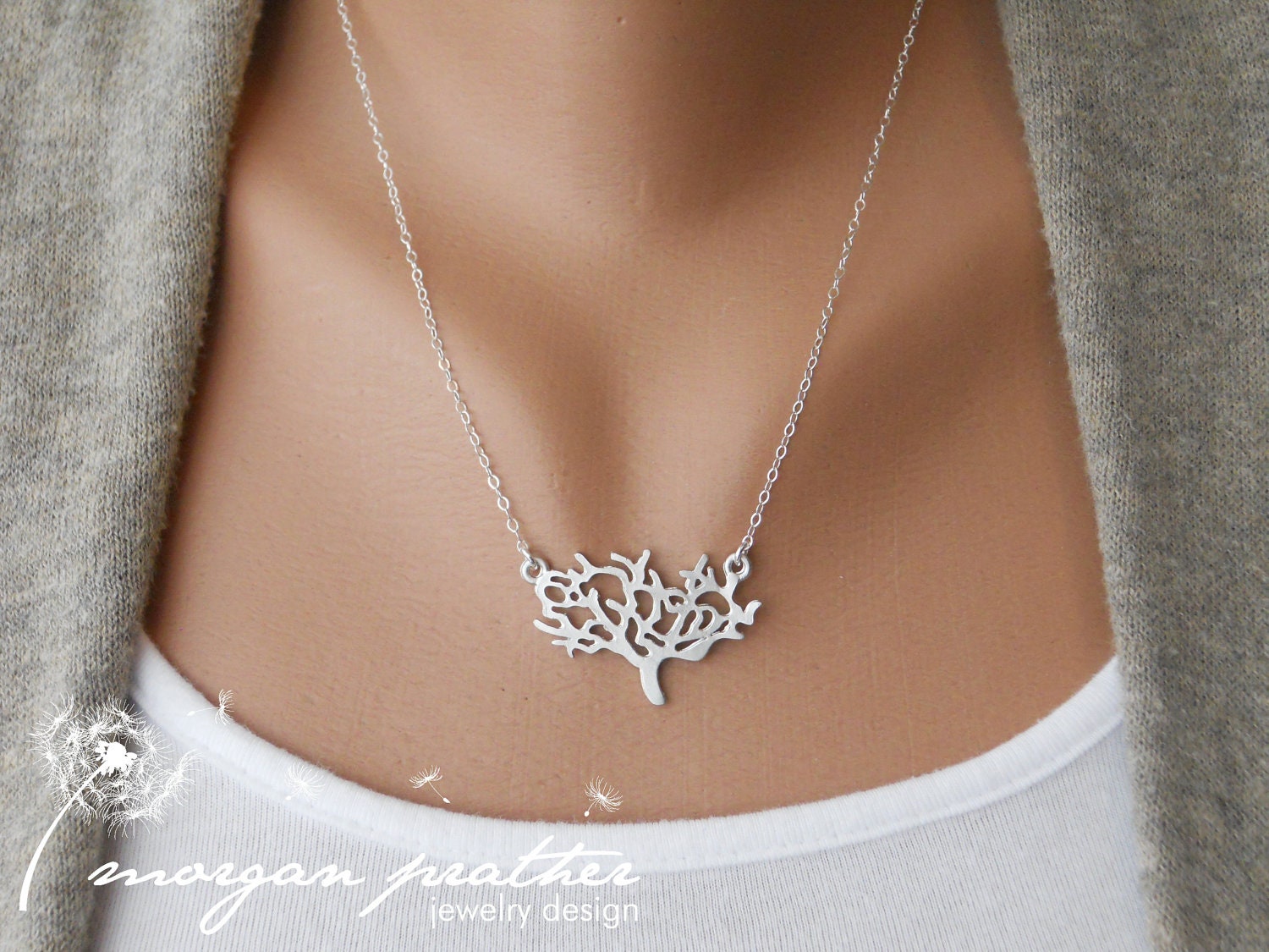 Dainty Tree Necklace in silver - delicate silver grey white tree pendant charm - suspended from sterling silver chain