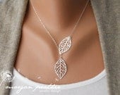 Leaf Lariat - silver grey white dainty leaf pendants - sterling silver chain - morganprather