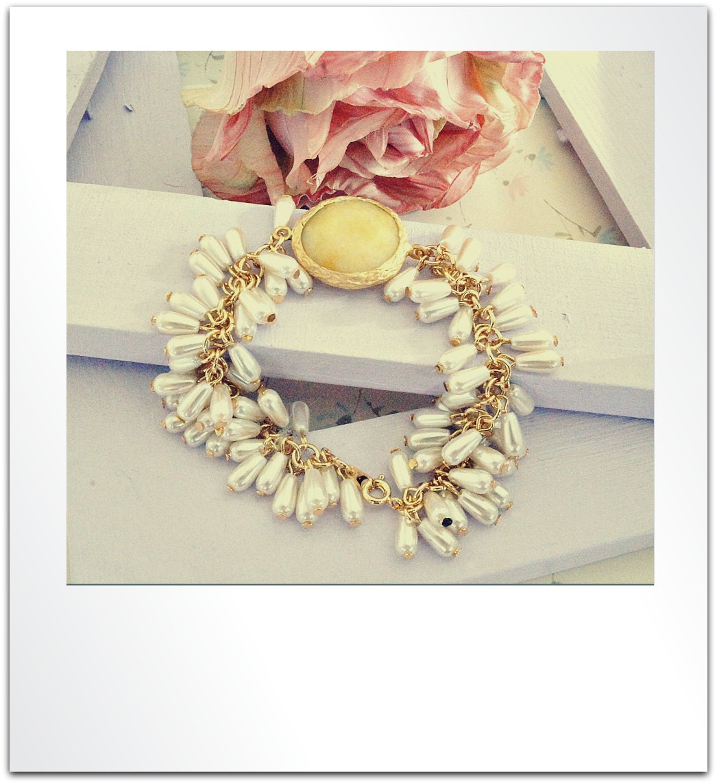22k Gold Plated Yellow Jade Connector, 16k Gold Plated Glass Pearl Beaded Chain Bracelet