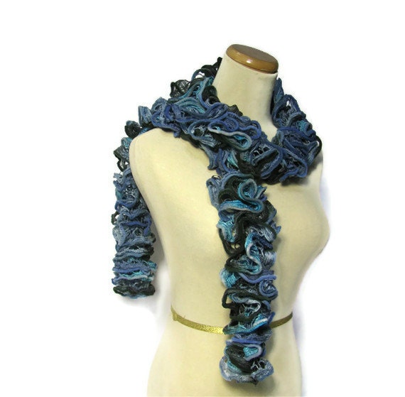 Hand Knit Ruffled Scarf -Turquoise Blue  Green