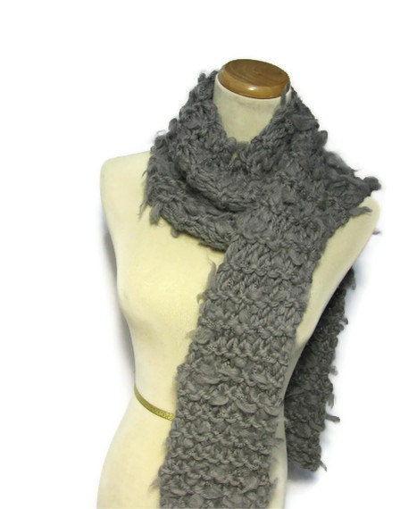 Grey Merino Wool Hand Knit Scarf