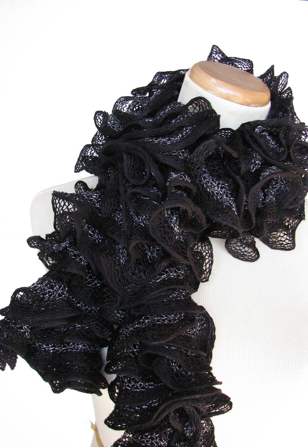 Black Hand Knit Ruffled Scarf