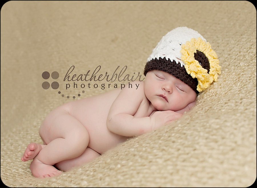 Newborn or 0-3 Month Cotton Cream Beanie with Chocolate Trim and Sunflower