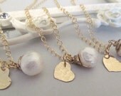 Bridesmaid Gift Set of Three Personalized Pearl Necklaces, Custom Monogram Heart Initial Charm with Pearl, 14k fill, Bridal Party Jewelry