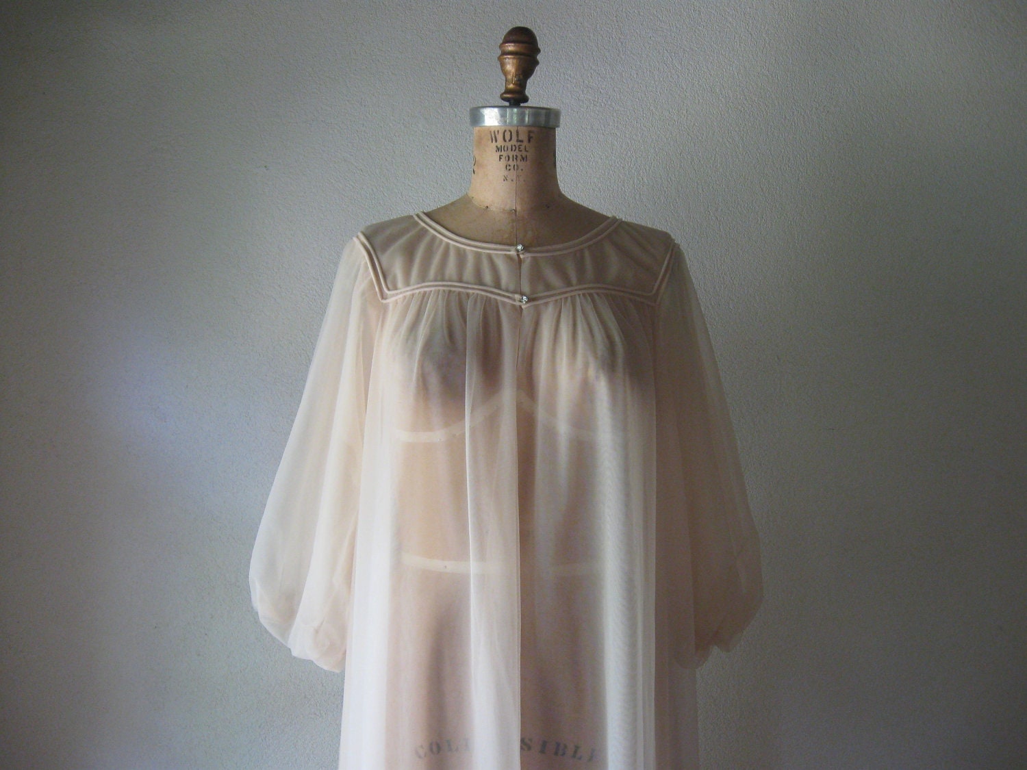 vintage 1950s to 1960s peignoir / vanity fair sheer nylon balloon sleeves rhinestone buttons mad men