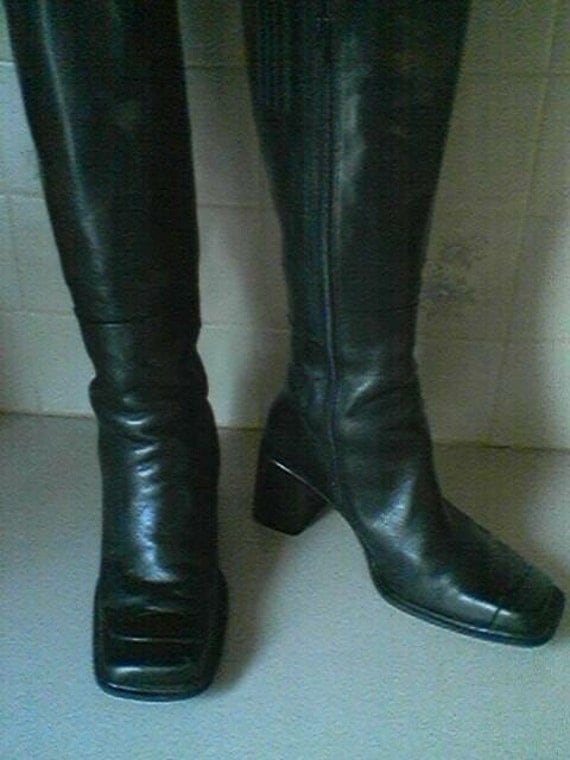square toe knee high leather boots black