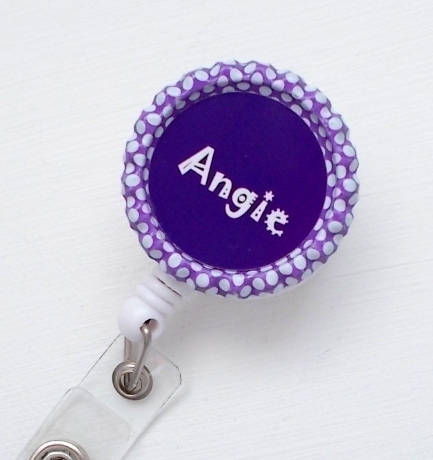 Personalized Purple Polka Dot - Bottle Cap ID Badge Reel - Nurses Badge Holder - Name Tag Holder