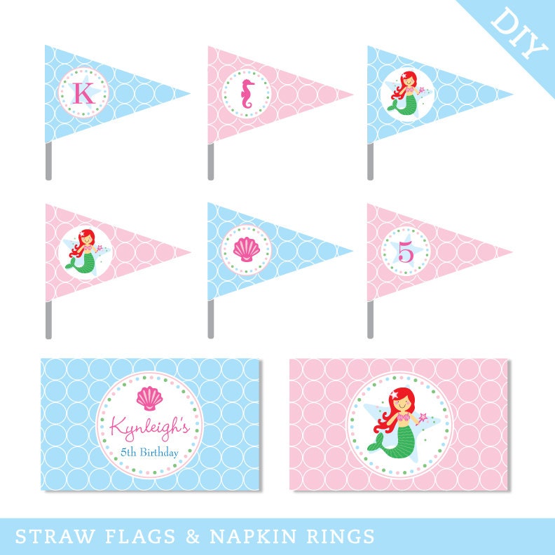 Mermaid party - Personalized DIY printable straw flags and napkin rings - Choose your own mermaid