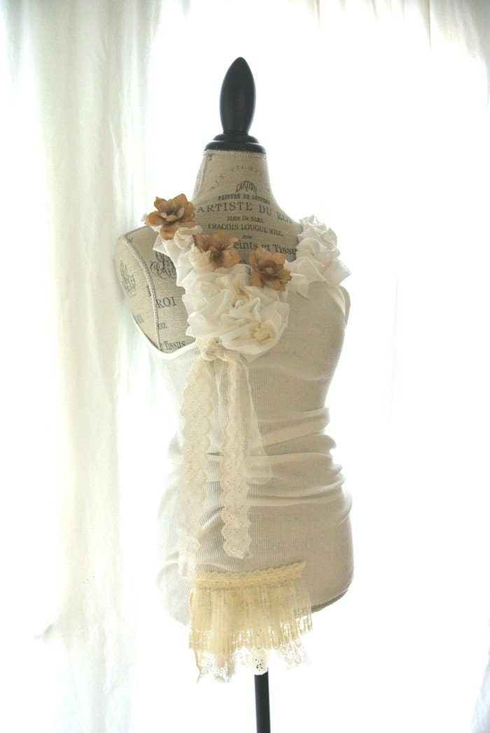 Cottage white embellished tank top, shabby off white, boho, beach, womens clothing, lace, ecru, country chic style